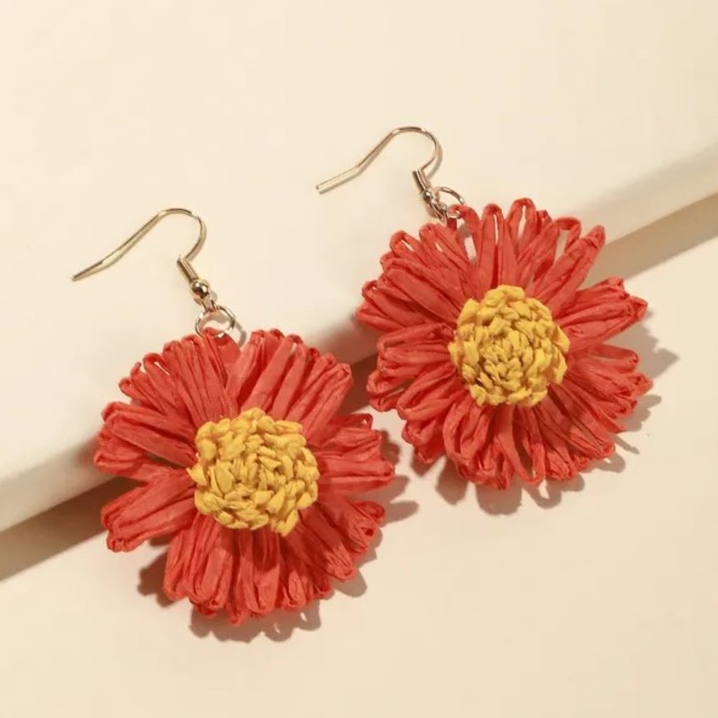 Orange & Yellow Raffia Flower Tropical Beach Vacation Dangle Earrings New
